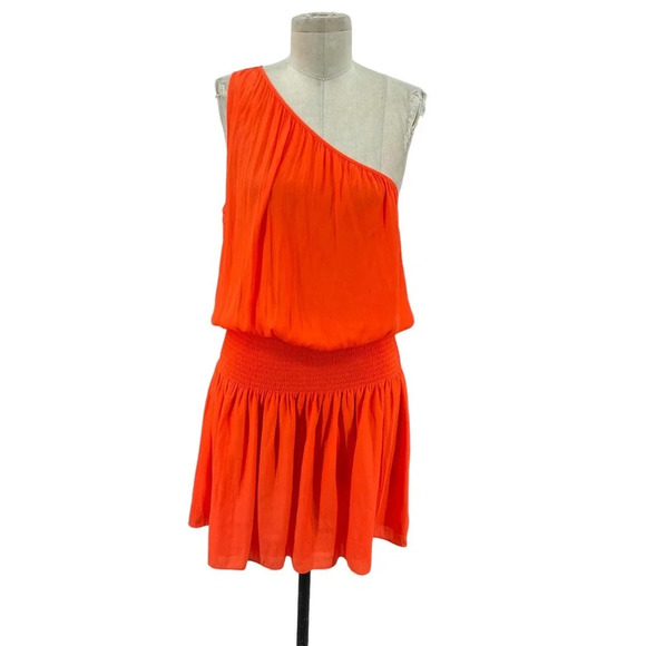 Ramy Brook Leila One Shoulder Smocked Mini Dress Red Orange Size Large - Picture 2 of 11